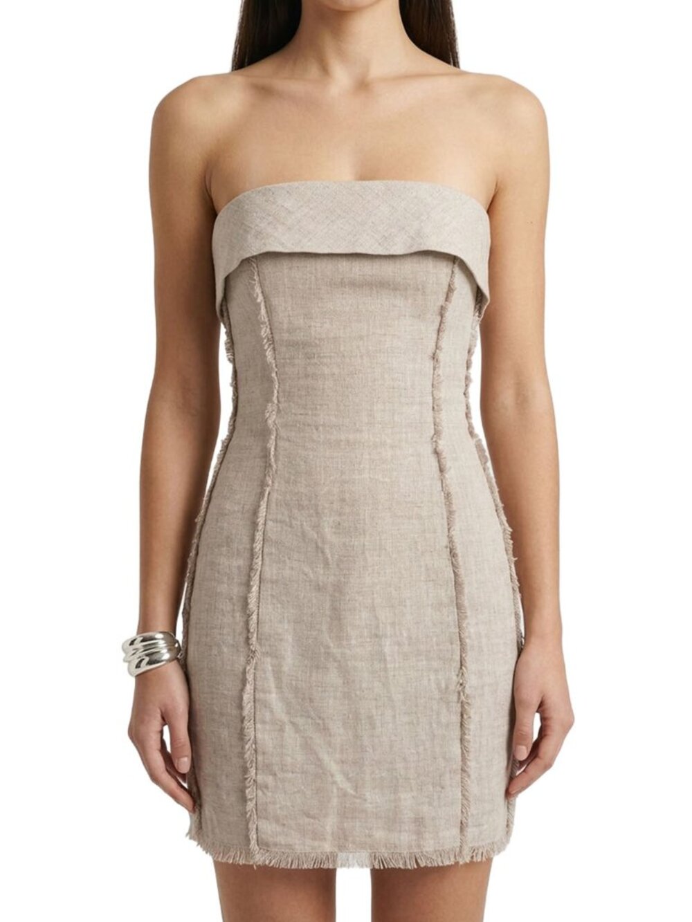 Reformation Zara Linen Mini Dress Oatmeal Strapless Fringe 0